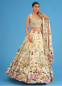 Cream Designer Lehenga In Silk With Floral Print