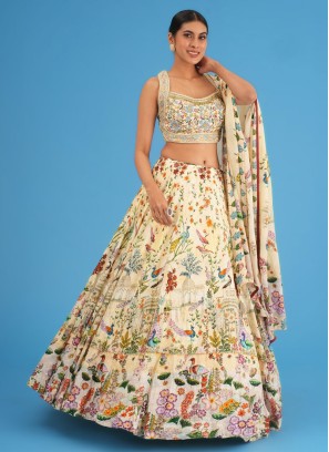 Cream Designer Lehenga In Silk With Floral Print