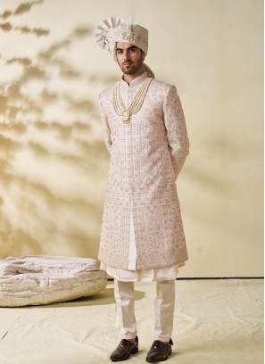 Cream Embroidered Readymade Groom Sherwani