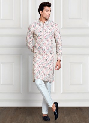 Cream Fancy Printed Kurta Pajama In Cotton Silk