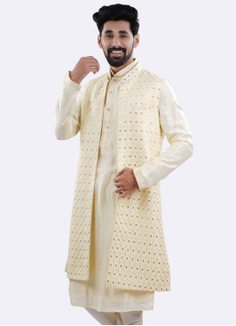 Cream Festive Wear Nehru Jacket Set