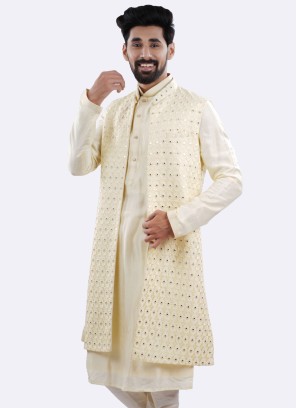 Cream Festive Wear Nehru Jacket Set