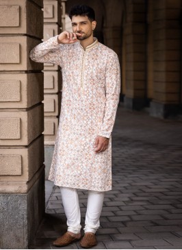 Cream Geometric Print Readymade Kurta Pajama