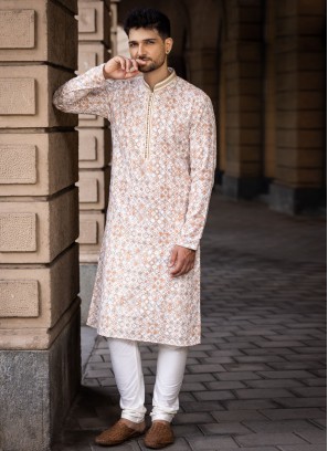 Cream Geometric Print Readymade Kurta Pajama