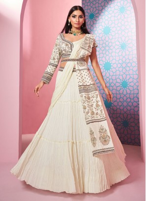 Cream Georgette Chiffon Lehenga Choli Set With One Side Shoulder Drape