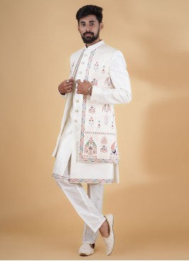 Cream Jacket Style Embroidered Indowestern Set