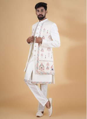 Cream Jacket Style Embroidered Indowestern Set