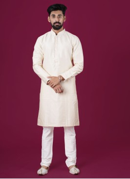 Cream Readymade Silk Kurta Pajama Set