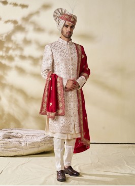 Cream Sherwani Set In Silk With Embroidered Dupatta