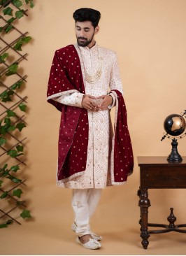 Cream Sherwani Set In Silk With Embroidery