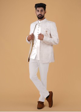 Cream Thread Work Jacket Style Jodhpuri Suit