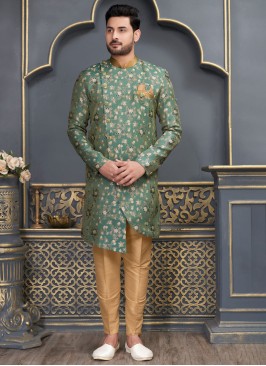 Dark Green Stylish Jacquard Silk Indowestern Set
