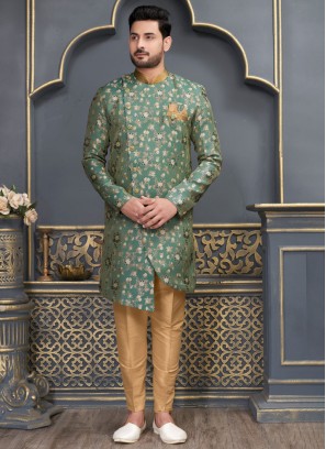 Dark Green Stylish Jacquard Silk Indowestern Set