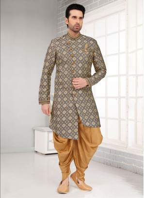 Dark Grey And Golden Indowestern In Jacquard Silk