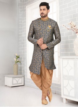 Dark Grey Color Indowestern In Jacquard Silk