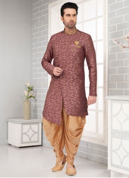 Dark Onion And Golden Jacquard Silk Indowestern Set