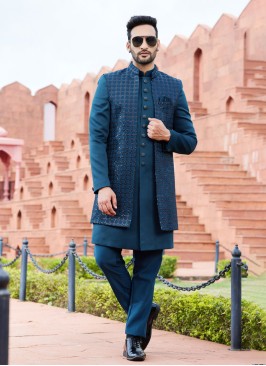 Dark Teal Green Jacket Style Indowestern Set With Thread Embroidery