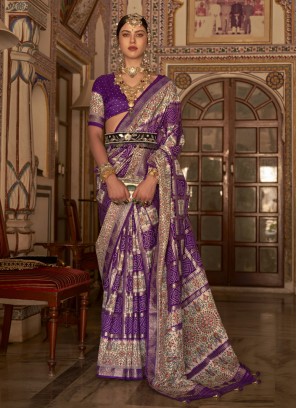 Designer Purple Printed Silk Contemporary Saree