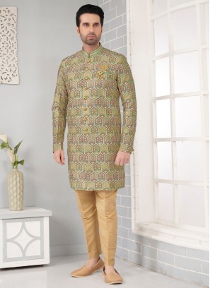 Designer Art Silk Indowestern Set In Green