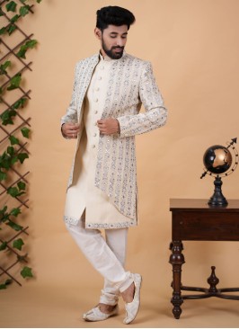 Designer Cream Jacket Style Indowestern In Silk