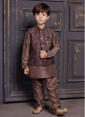 Designer Dark Coffee Nehru Jacket Set In Art Silk