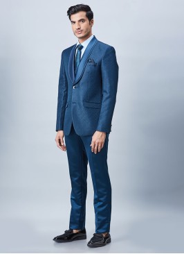 Designer Emboss Fabric Suit In Peacock Blue