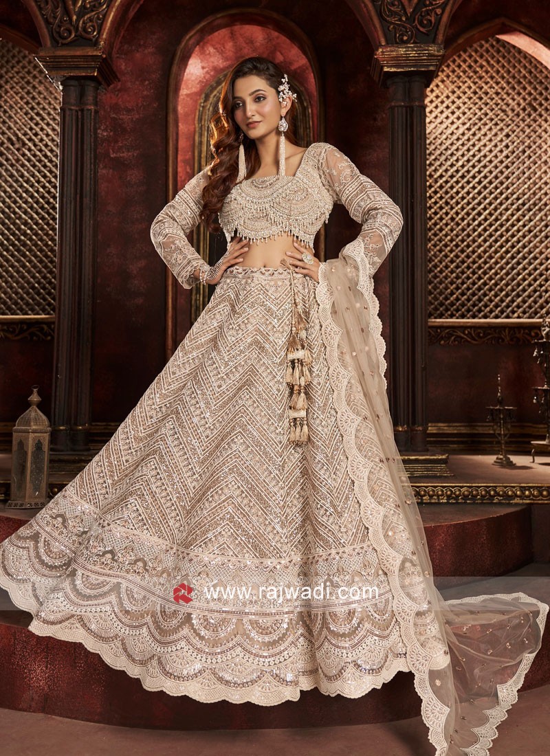 Classic Admirable Beige Colour Traditional store Soft Net Sequin And Beautiful Zari Work Indian Designer Lehenga Choli Bridal Partywear Set