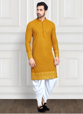 Designer Embroidered Mustard Yellow Color Kurta Pajama