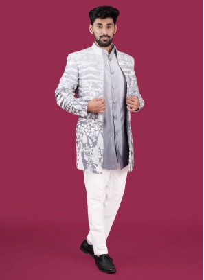Designer Grey Color Jacket Style Indowestern In Silk