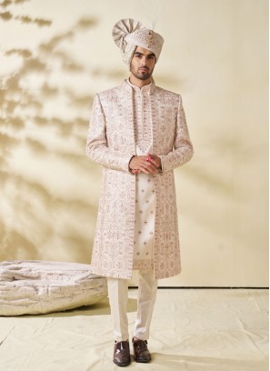 Designer Jacket Style Embroidered Cream Sherwani