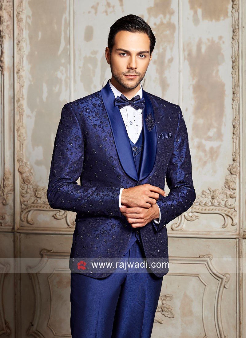 Designer Jacquard Silk Fabric Suit In Blue