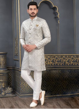 Designer Jacquard Silk Indowestern Set In Grey Color