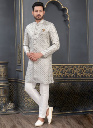 Designer Jacquard Silk Indowestern Set In Grey Color