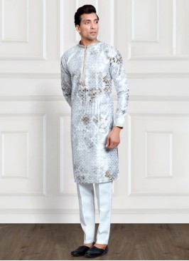 Designer Light Grey Cotton Silk Kurta Pajama