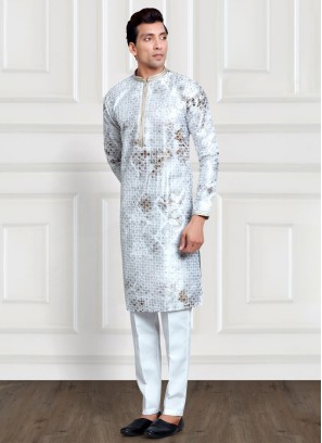 Designer Light Grey Cotton Silk Kurta Pajama