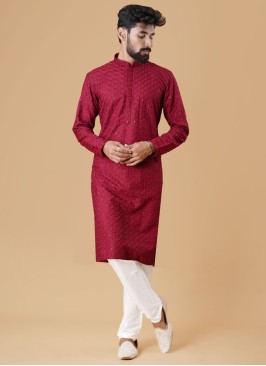 Designer Lucknowi Work Maroon Color Kurta Pajama