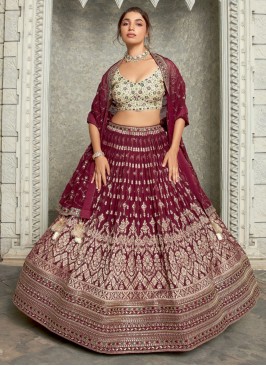 Designer Maroon Chiffon Weaving Embroidered Lehenga Choli