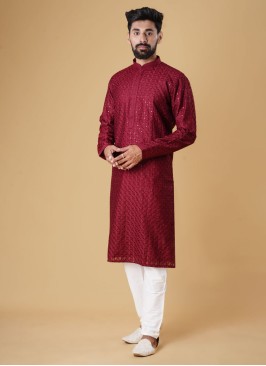 Designer Maroon Thread Work Kurta Pajama For Men