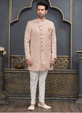 Designer Peach Indowestern In Jacquard Silk