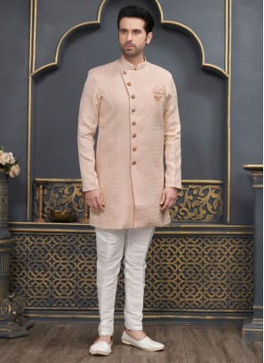 Designer Peach Indowestern In Jacquard Silk