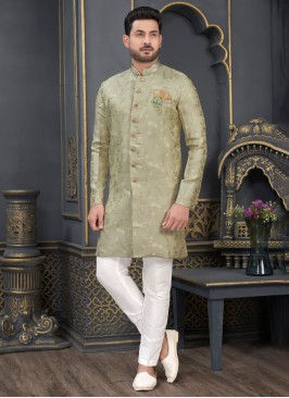 Designer Pista Green Indowestern In Jacquard Silk