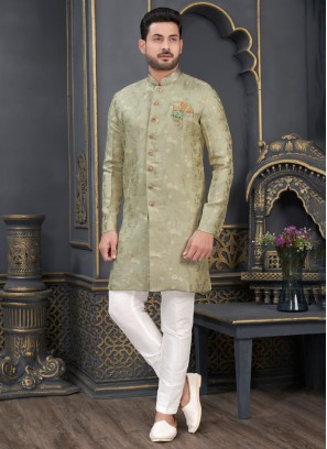 Designer Pista Green Indowestern In Jacquard Silk