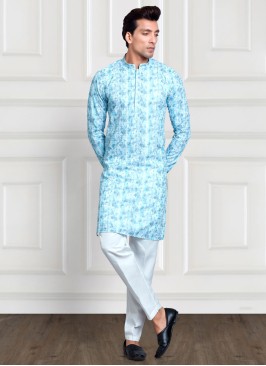 Designer Sky Blue And White Kurta Pajama For Men