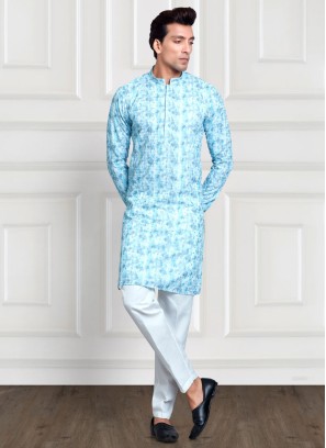 Designer Sky Blue And White Kurta Pajama For Men