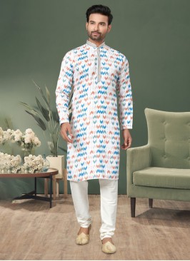 Designer White Fancy Printed Kurta Pajama For Men