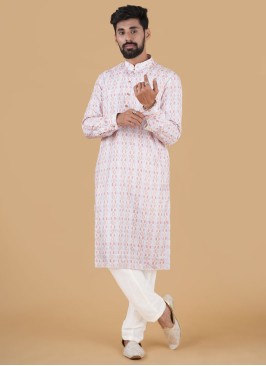 Designer White Multi Printed Kurta For Men