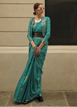 Elegant Teal Blue Weaving Embroidered Banarasi Silk Saree