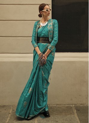 Elegant Teal Blue Weaving Embroidered Banarasi Silk Saree