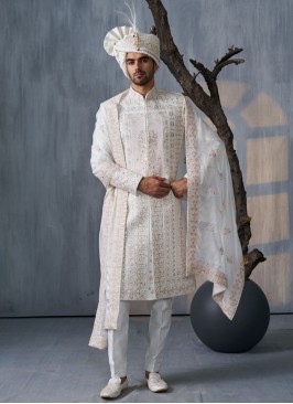 Off White Sherwani In Silk With Embroidered Dupatta