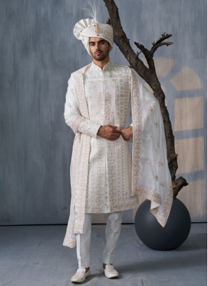 Off White Sherwani In Silk With Embroidered Dupatta